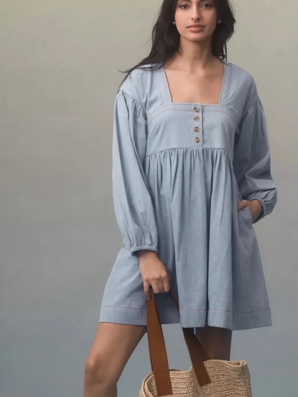 Anthropologie Denim Babydoll Square Neck Long Puff  Sleeve Min Dress Blue XS
